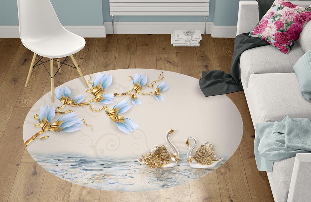 3D Ковер  «Голубые цветы и драгоценные лебеди»        Круглый 1