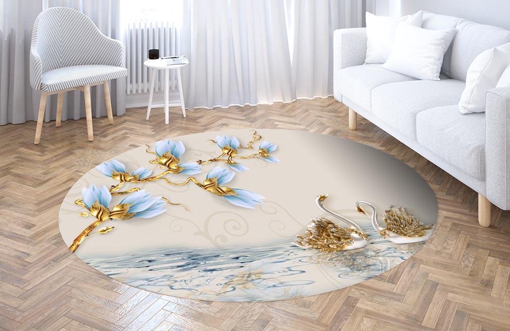 3D Ковер  «Голубые цветы и драгоценные лебеди»        Круглый 3