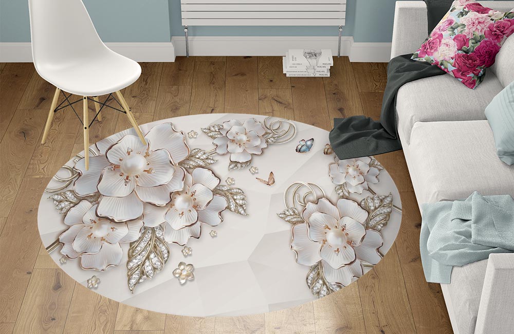 3D Ковер  «Жемчужные цветы и бабочки»         Круглый 1