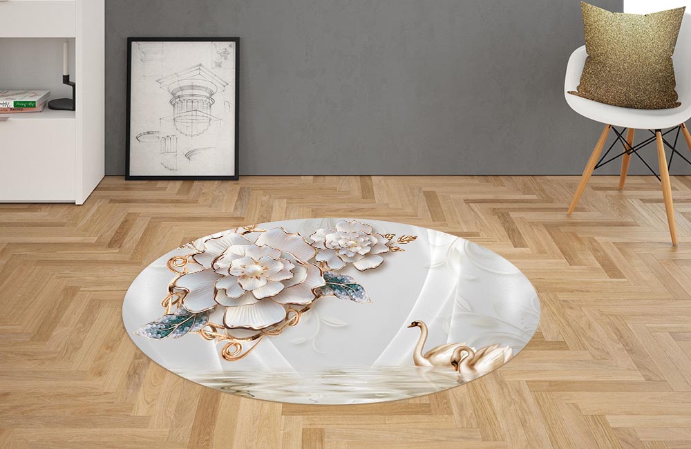 3D Ковер  «Лебеди с жемчужными цветами»         Овальный 2