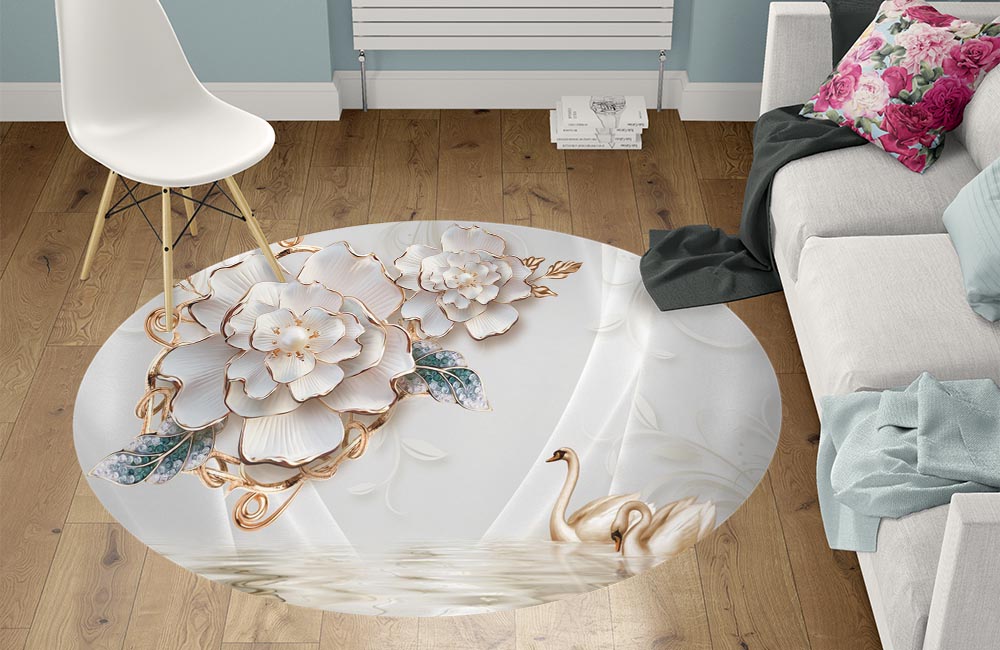 3D Ковер  «Лебеди с жемчужными цветами»         Круглый 1