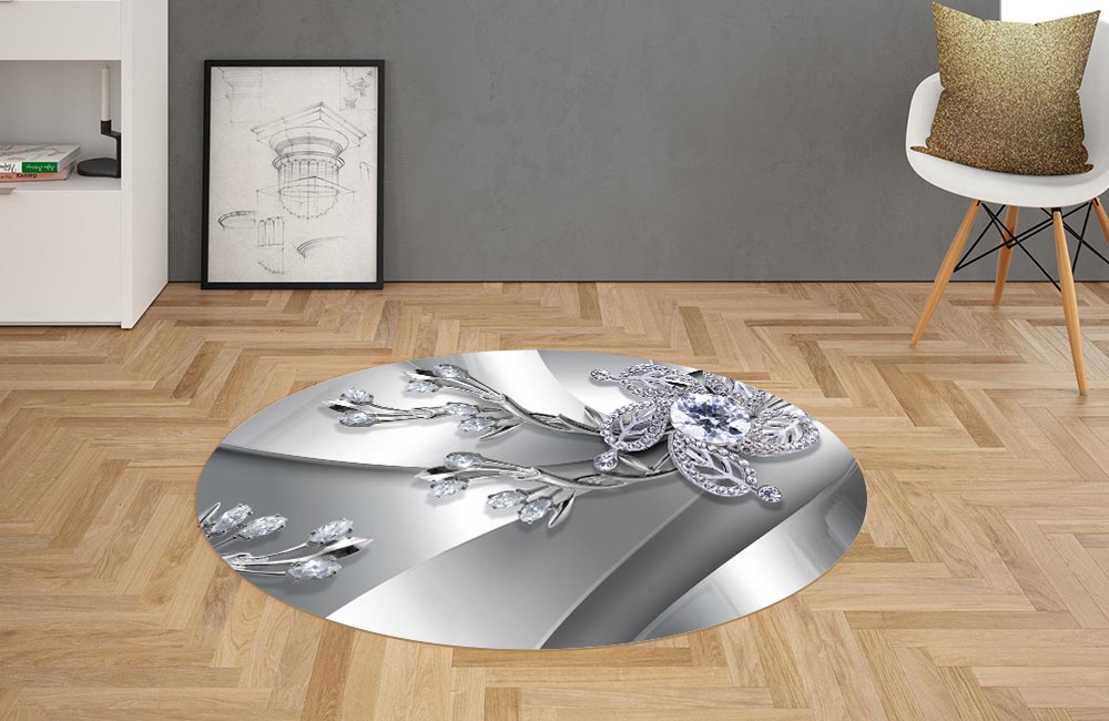 3D Ковер  «Бриллиантовые цветы на платине»         Овальный 2
