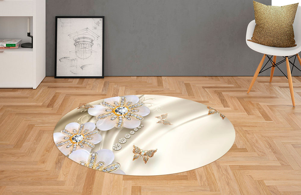 3D Ковер «Цветы с бриллиантами на бежевом шелке» Овальный 2