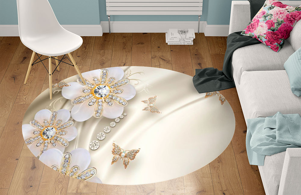 3D Ковер «Цветы с бриллиантами на бежевом шелке» Круглый 1