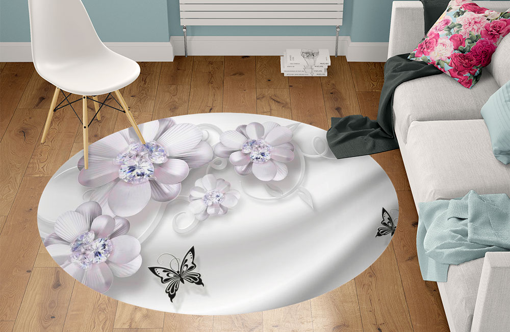 3D Ковер «Сапфировая фантазия с цветами и бабочками» Круглый 1