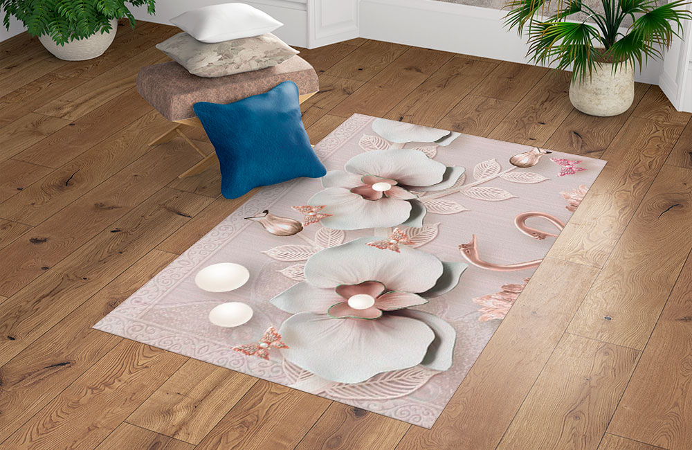 3D Ковер «Бронзовые лебеди под веткой орхидей» Прямоугольный 4