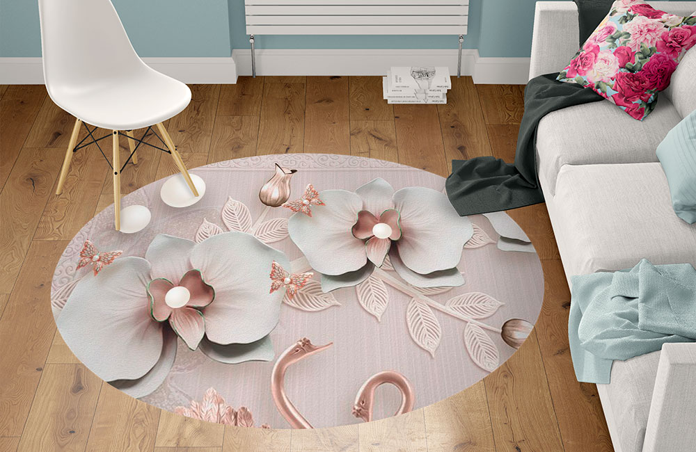 3D Ковер «Бронзовые лебеди под веткой орхидей» Круглый 1
