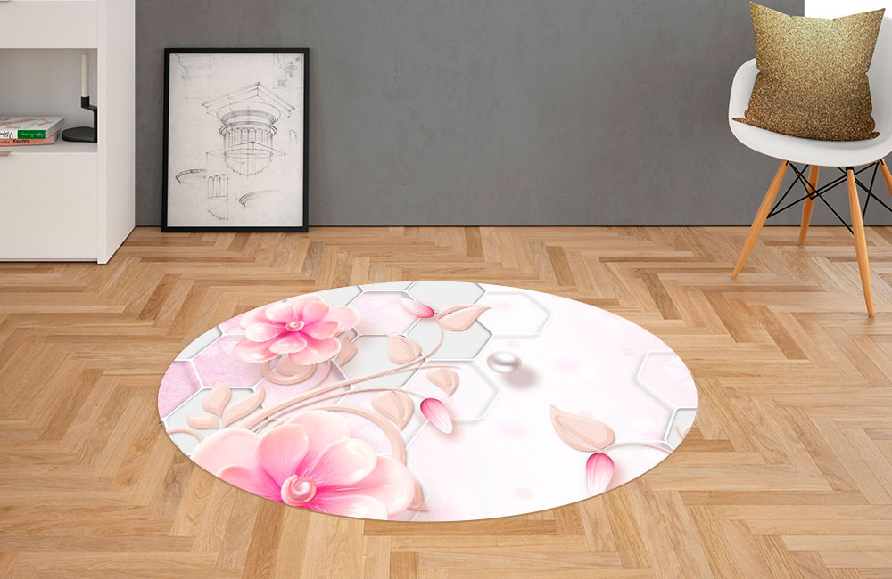 3D Ковер «Розовые фарфоровые цветы с жемчужинами» Овальный 2