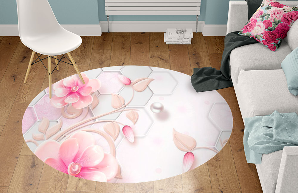 3D Ковер «Розовые фарфоровые цветы с жемчужинами» Круглый 1