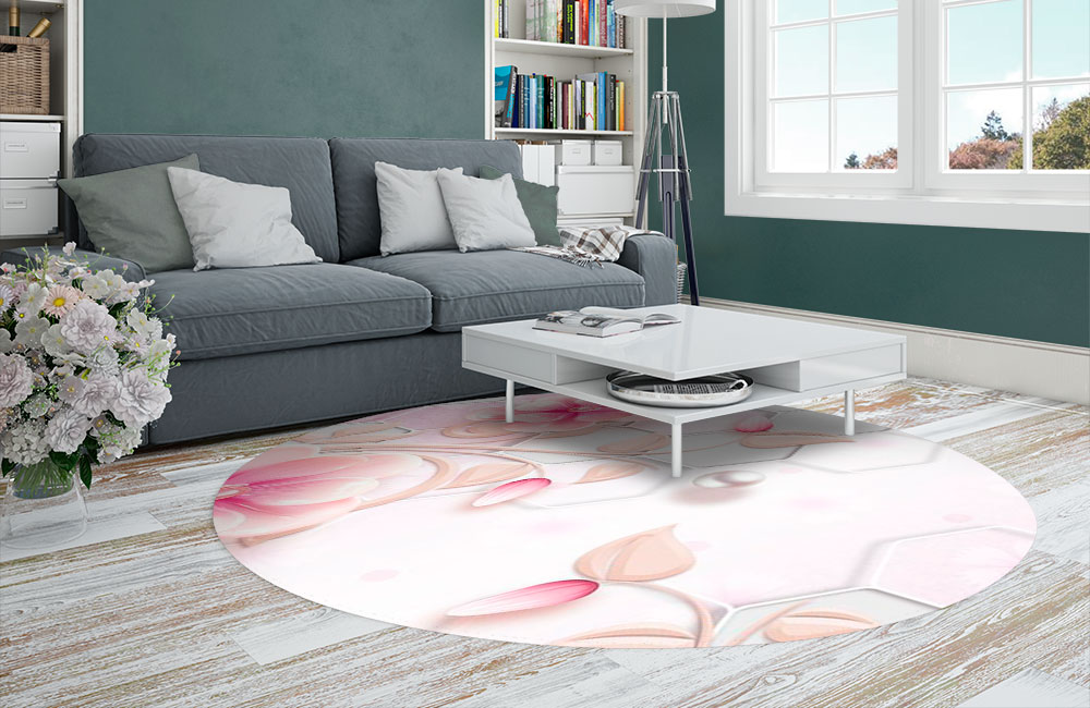 3D Ковер «Розовые фарфоровые цветы с жемчужинами» Круглый 2