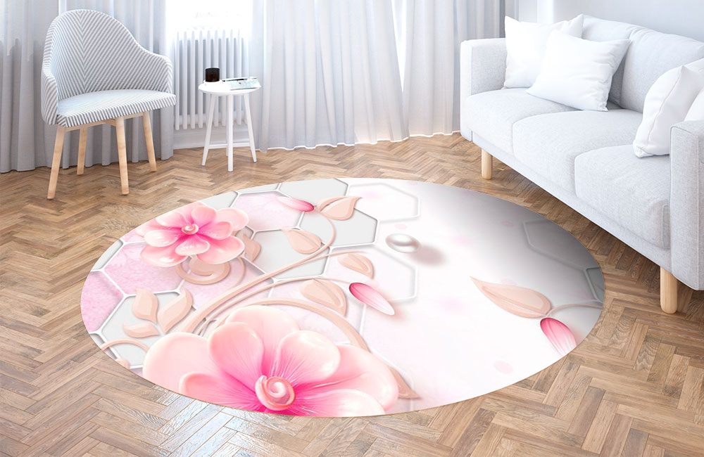 3D Ковер «Розовые фарфоровые цветы с жемчужинами» Круглый 3