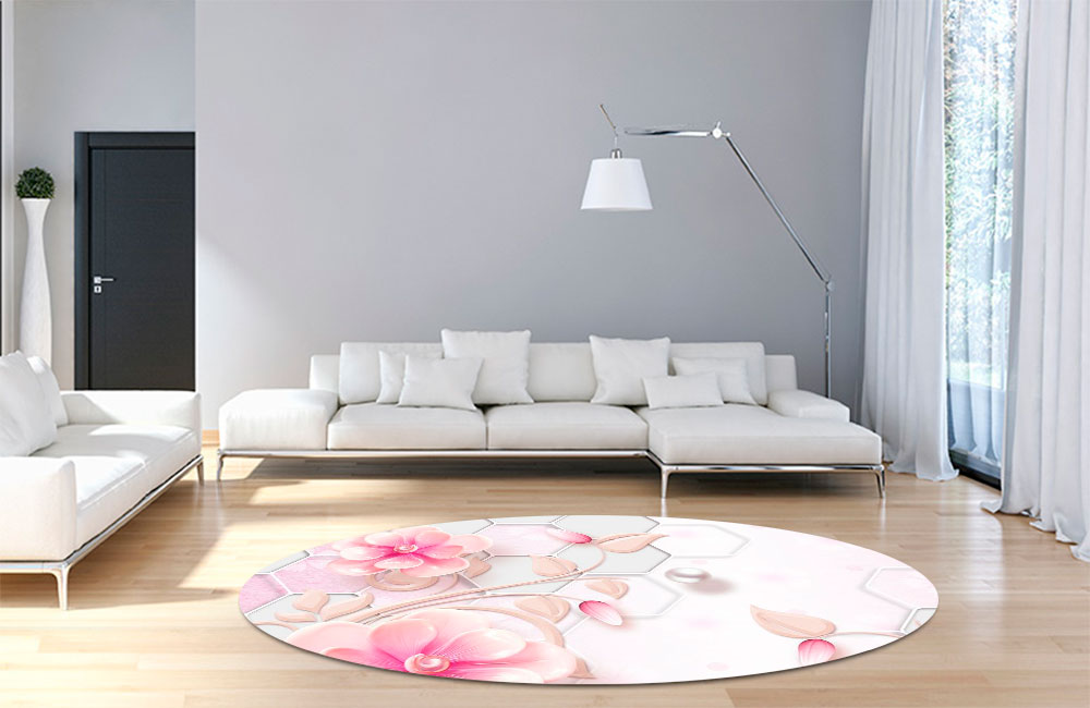3D Ковер «Розовые фарфоровые цветы с жемчужинами» Круглый 4