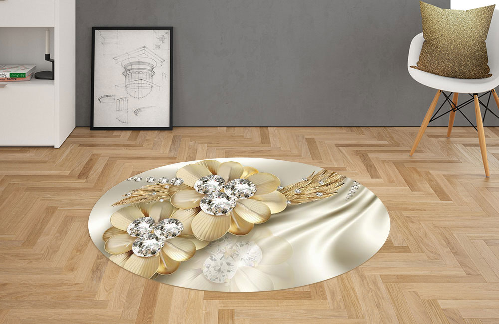 3D Ковер «Золотые цветы с алмазными серединками» Овальный 2