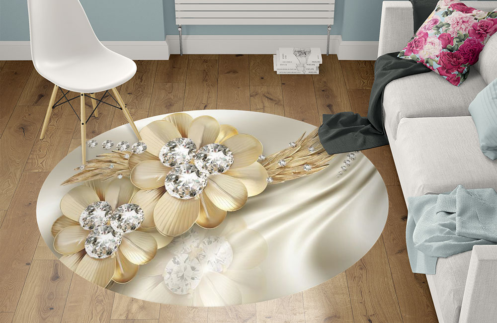 3D Ковер «Золотые цветы с алмазными серединками» Круглый 1