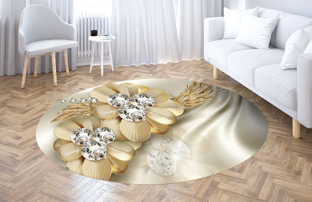 3D Ковер «Золотые цветы с алмазными серединками» Круглый 3