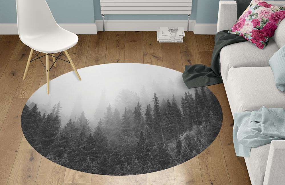 3D Ковер «Черно-белый лес в тумане» Круглый 1