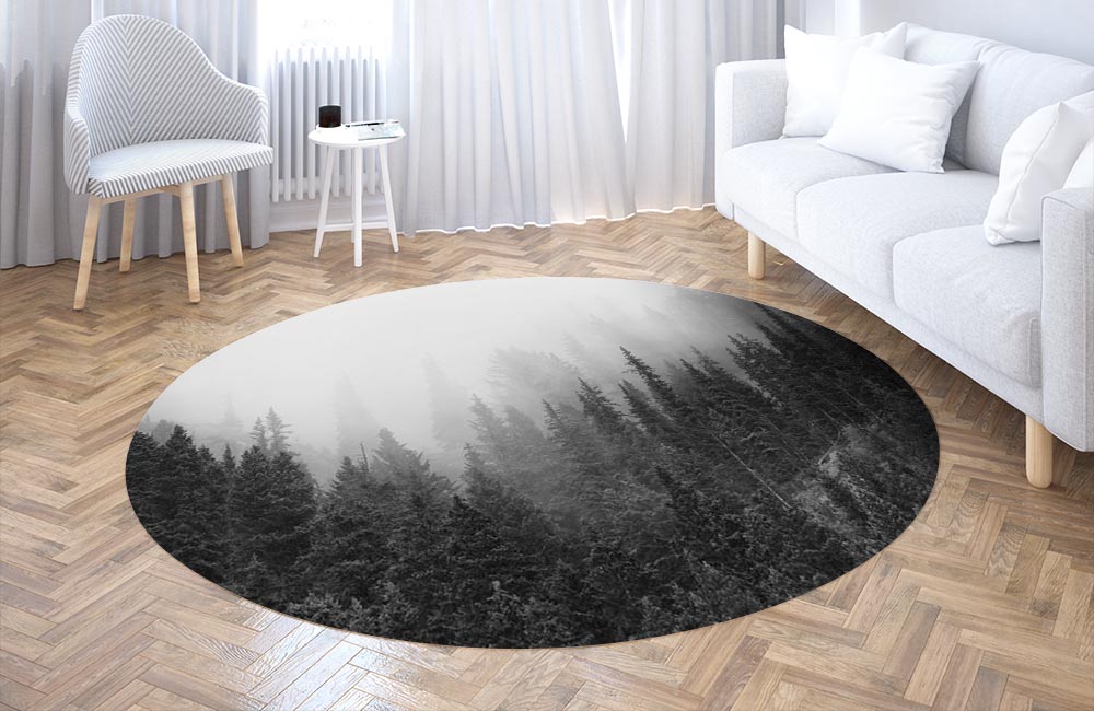 3D Ковер «Черно-белый лес в тумане» Круглый 3