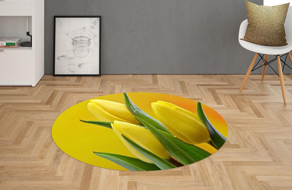 3D Ковер «Желтые тюльпаны в каплях росы» Овальный 2