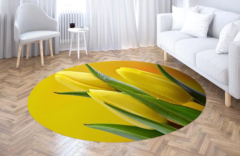 3D Ковер «Желтые тюльпаны в каплях росы» Круглый 3