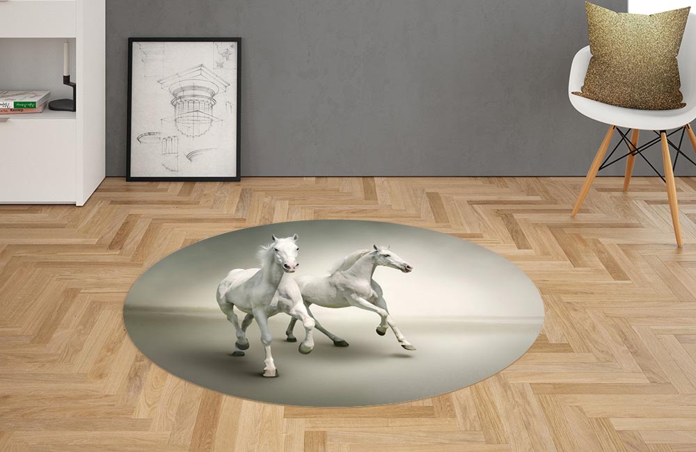 3D Ковер «Белые лошади на сером фоне» Овальный 2