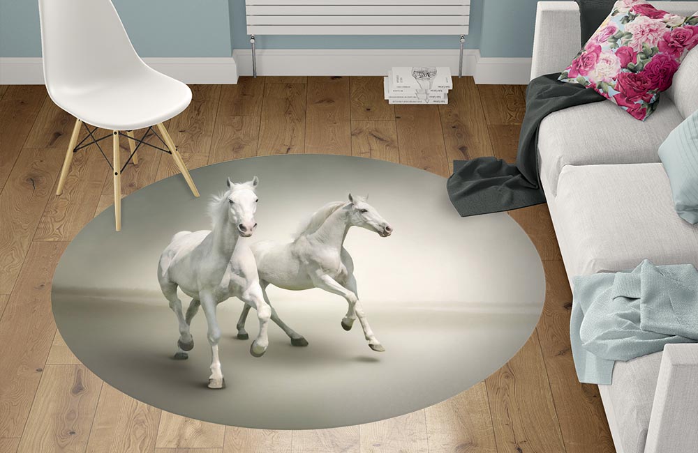 3D Ковер «Белые лошади на сером фоне» Круглый 1