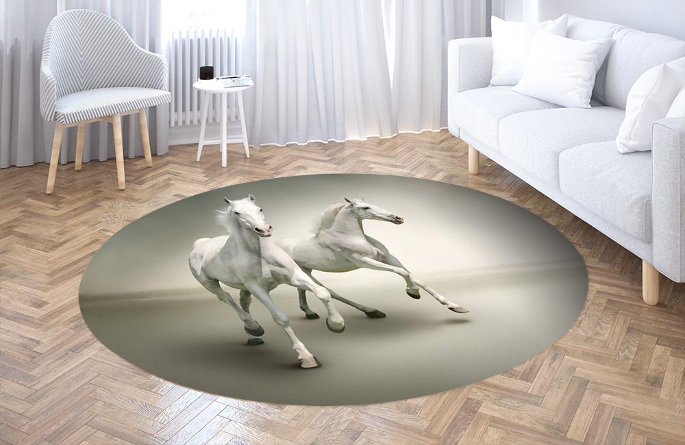 3D Ковер «Белые лошади на сером фоне» Круглый 3