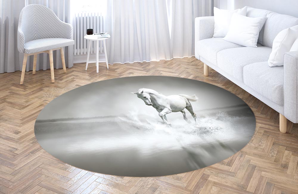 3D Ковер «Белый конь бегущий по воде» Круглый 3