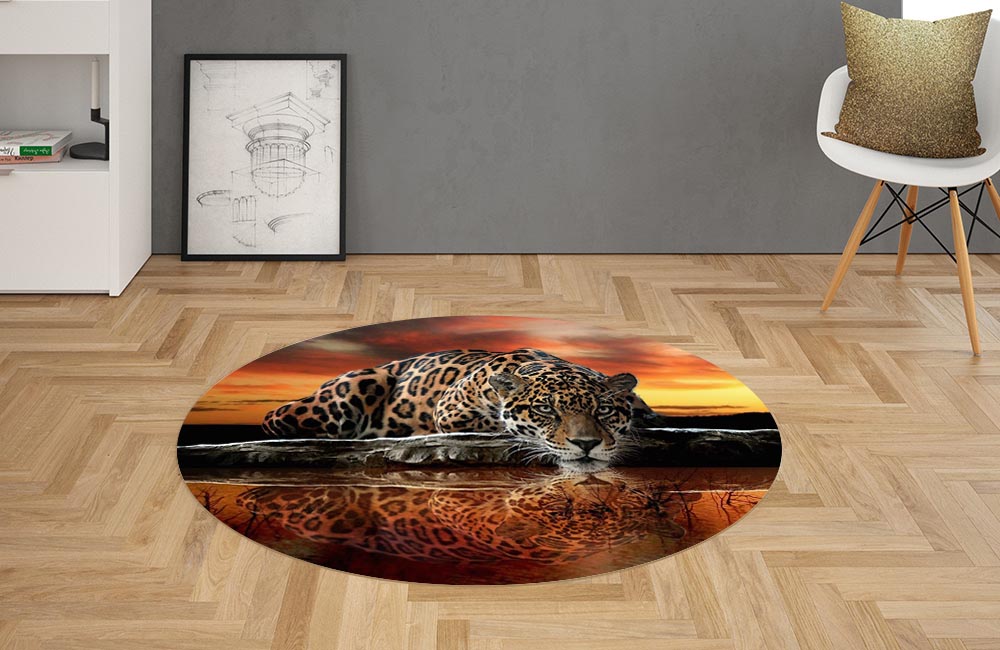 3D Ковер «Леопард на водопое» Овальный 2
