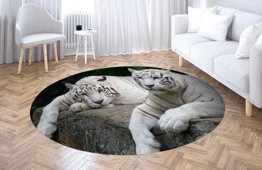 3D Ковер «Пара белых тигров» Круглый 3