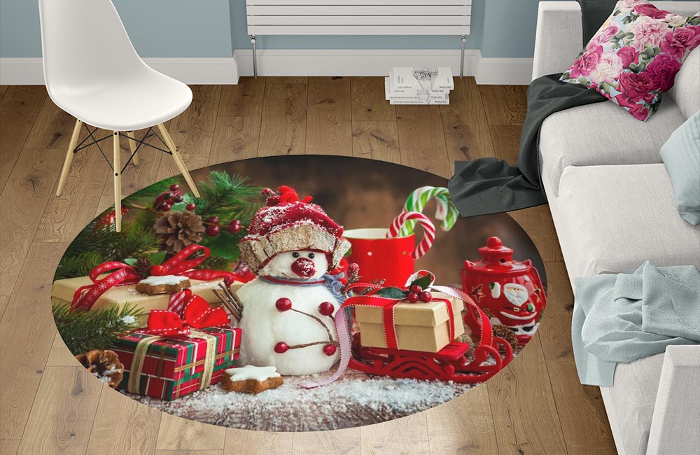 3D Ковер «Снеговик с подарками» Круглый 1